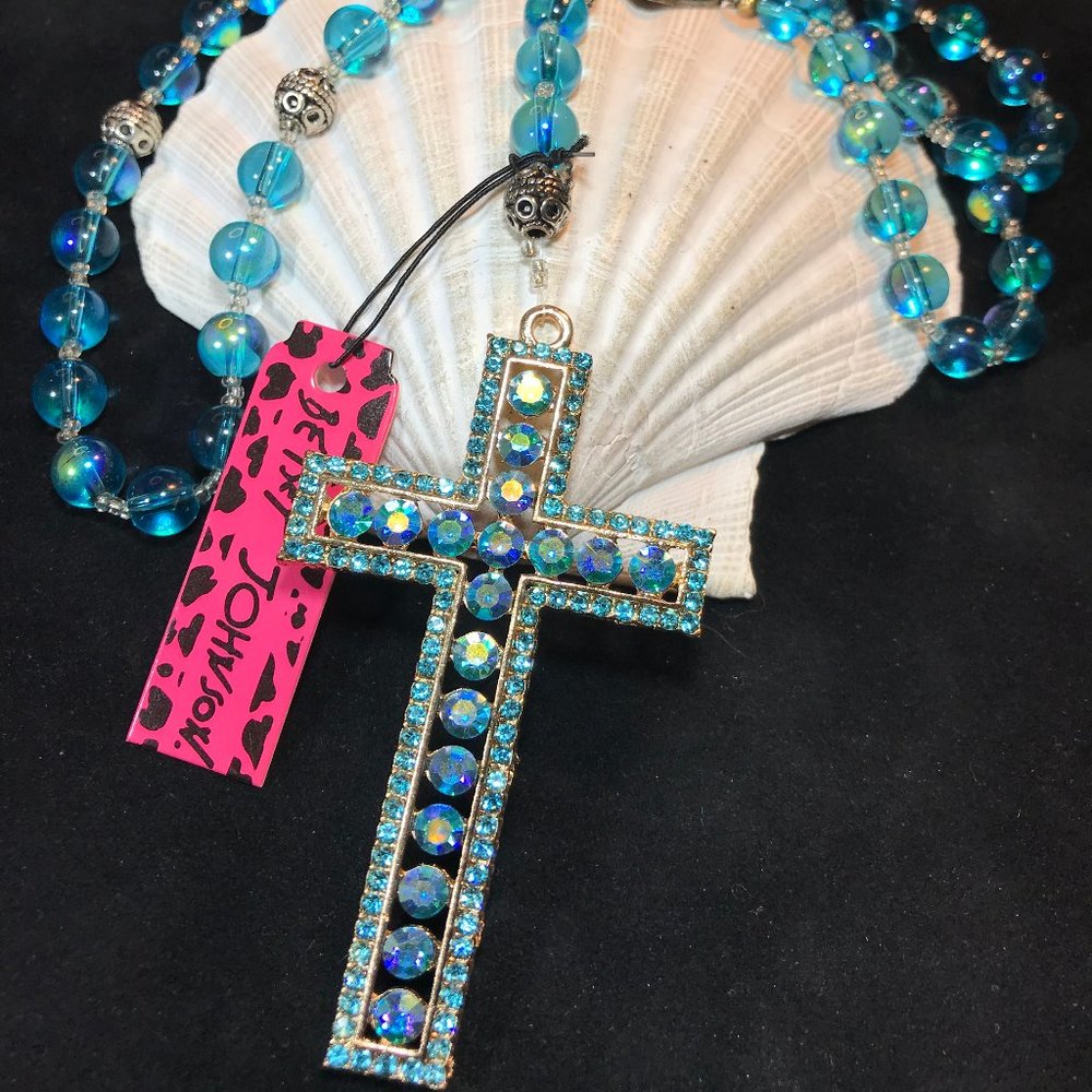 Betsey Johnson Blue Rhinestone Crucifix, Fashion Rosary Necklace